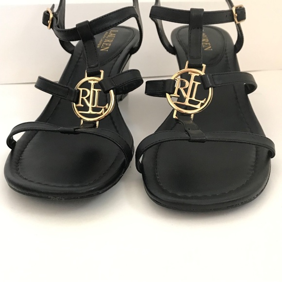 LAUREN RALPH LAUREN Elina Leather Heeled Wedge Sandals Black Women’s Size 9.5 - Picture 6 of 16